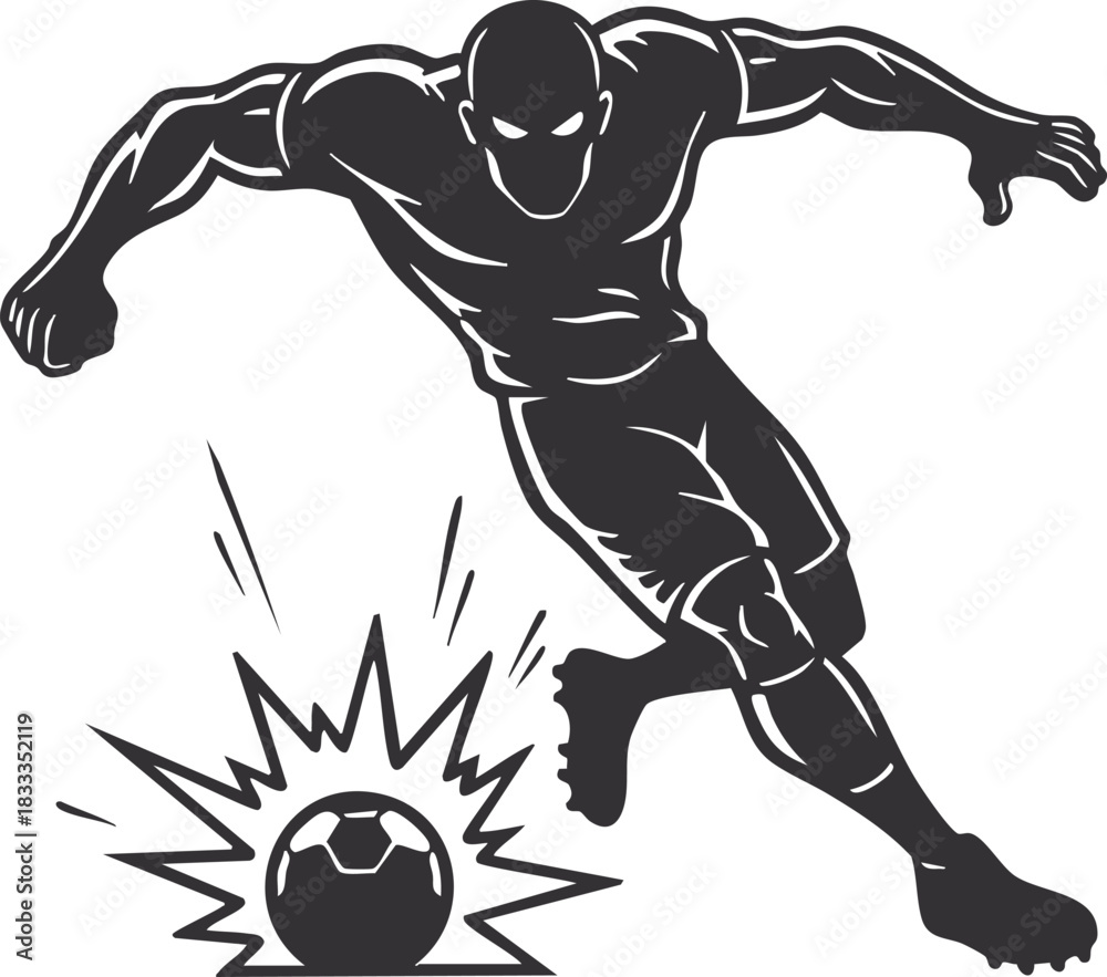 Fototapeta premium Flat vector illustration of a soccer player kicking a ball. Sports character icon