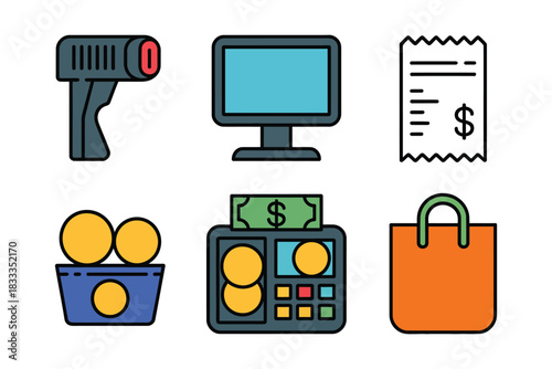retail commerce icons set, featuring barcode scanner,  monitor, receipt, cash register, and shopping bag, ideal for e-commerce, point of sale, store management, business graphics, and digital 