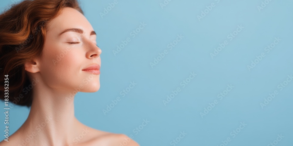 Naklejka premium A serene woman with closed eyes, smiling gently, exudes calmness against a soft blue background.