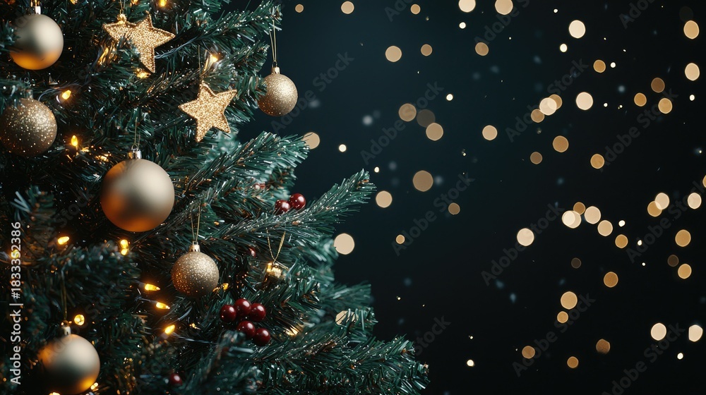 Fototapeta premium Golden ornaments hang from green branches, creating a warm and festive atmosphere with soft lights in the background