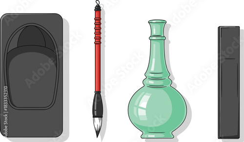 Traditional Chinese Calligraphy Art Tools The Four Treasures of the Study Inkstone, Brush, Water Dropper, and Inkstick, Asian Culture Illustration.