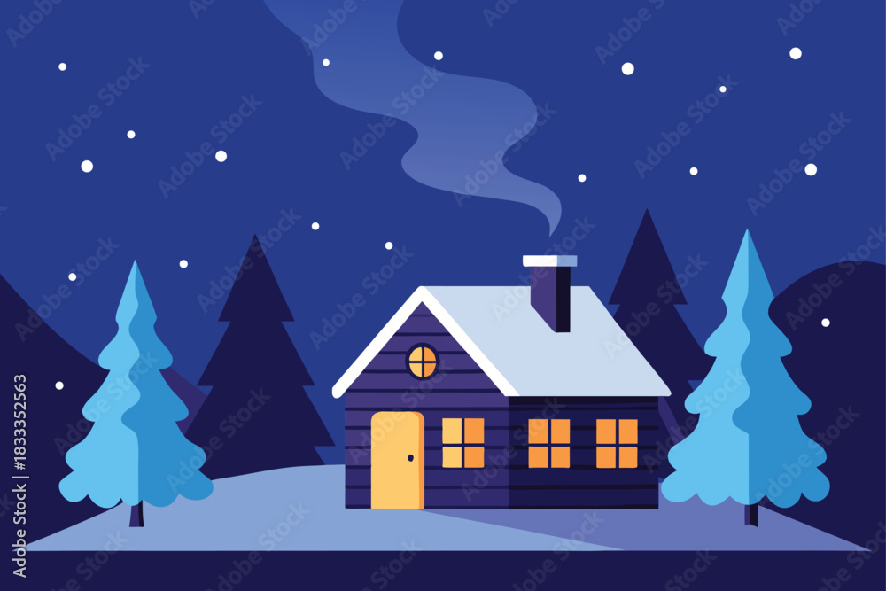 Fototapeta premium Cozy winter night with a house, glowing windows, and snow-covered trees