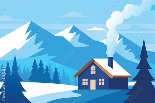 Winter mountain landscape with a cabin and smoking chimney amidst pine trees