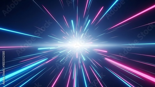 Dynamic neon light streaks creating a futuristic tunnel effect, perfect for technology, innovation and modern design projects, electric and vibrant backdrop