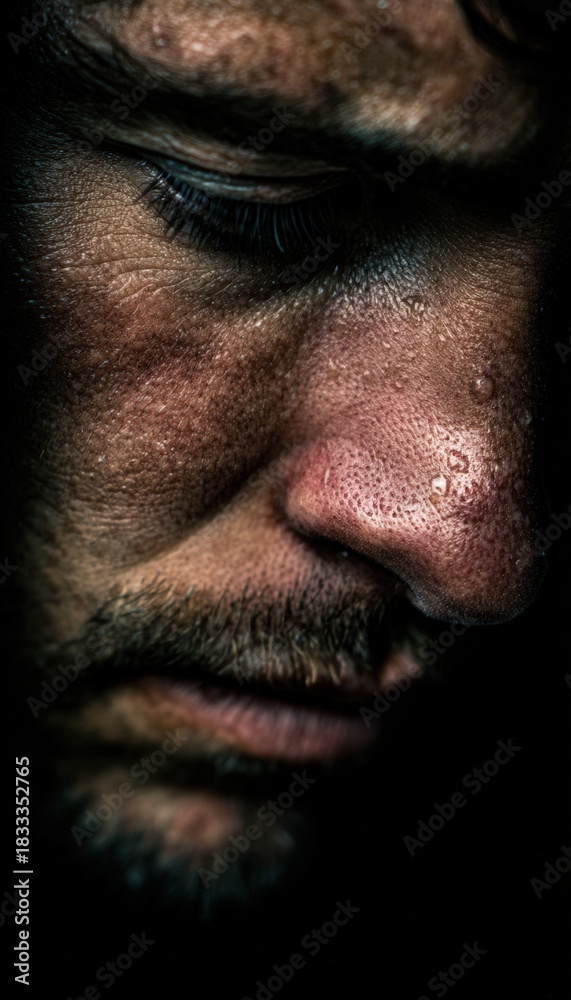 Fototapeta premium Close-Up Portrait Depicting Emotional Burnout with Dramatic Lighting