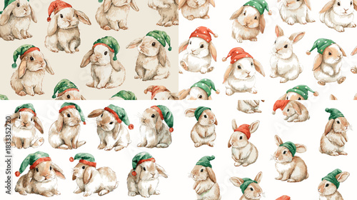 Adorable watercolor rabbits wearing festive hats arranged in a seamless pattern. Soft holiday themed bunny illustrations ideal for wrapping paper, textiles, and cute seasonal designs.