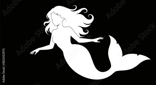 Elegant White Mermaid Silhouette on Black Background.