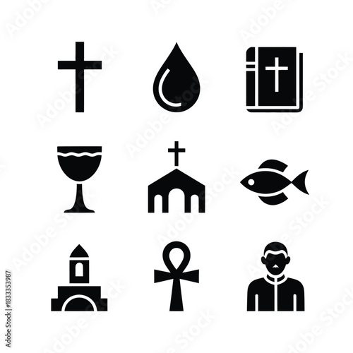 A collection of religious symbols, including a cross, holy book, and fish.