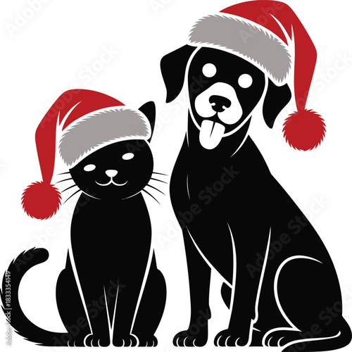 Charming black cat and dog wearing santa hats, isolated on white, celebrating christmas together happily.