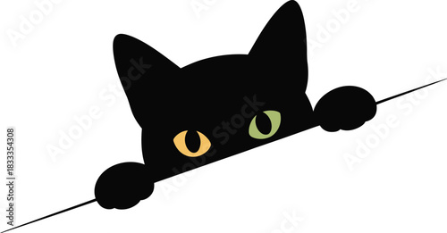 Peeking black cat with heterochromia eyes, playful and curious, isolated on white, vector illustration style