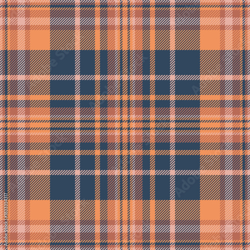 Satin seamless textile pattern, domestic texture vector plaid. Graphical check tartan background fabric in cyan and orange colors.