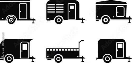 Collection of six different black trailer icons, showcasing variety in design and purpose for transportation and utility needs