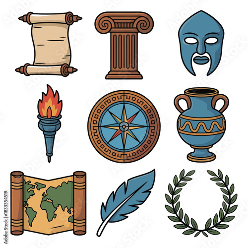 A collection of ancient artifacts including a scroll, column, mask, torch, compass, and map.