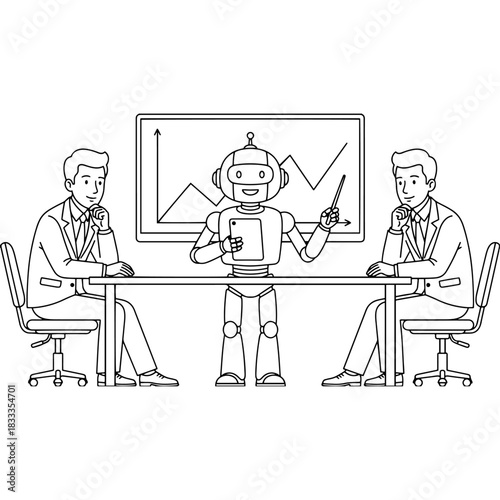 Robot presents business growth chart to attentive businessmen in meeting Vector