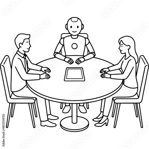 Robot joins people at round table for business meeting with tablet illustration Vector