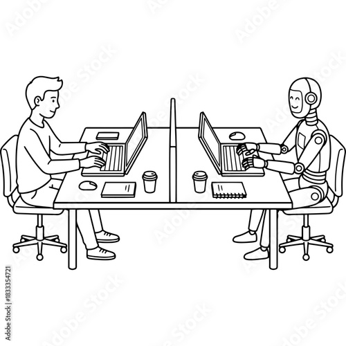 Person and robot collaborate at desks with laptops, representing teamwork and ai. Vector