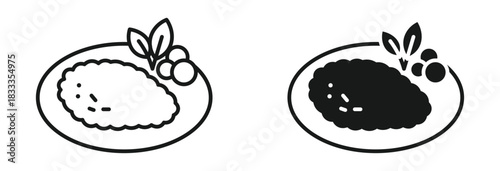 Meal plate icon set in outline and silhouette style, representing cuisine, dining, food service, and restaurant menus, vector illustration.