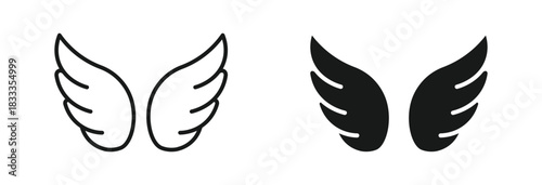 Angel wings icon set in outline and silhouette style, representing freedom, spirituality, flight, and guardian symbolism, vector illustration.