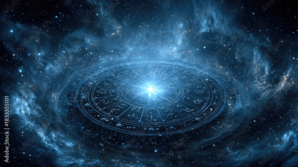 Obraz premium Zodiac wheel spinning on starry night sky, mystical astrology concept with horoscope and star signs, cosmic background, copy space