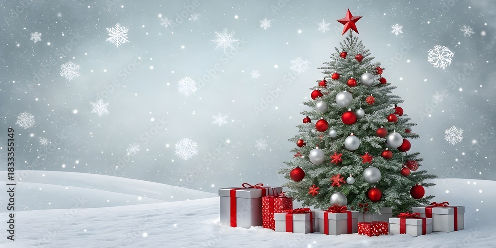 Obraz premium Festive Christmas Tree with Red and White Decorations & Gifts on White Background
