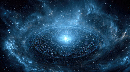 Zodiac wheel spinning on starry night sky, mystical astrology concept with horoscope and star signs, cosmic background, copy space