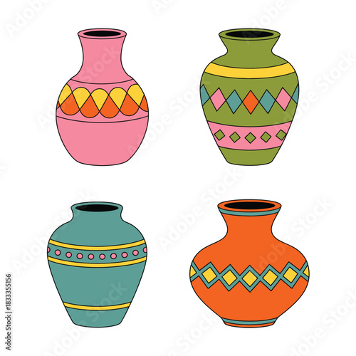 A collection of four colorful, decorative vases with geometric patterns.