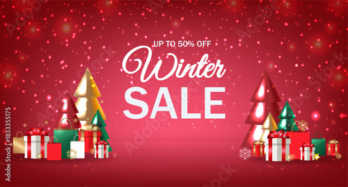 Xmas Poster And Fir Tree And Gift Box