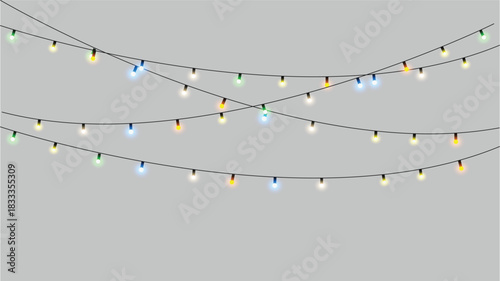 Vibrant colorful hanging lights glowing softly in a festive decorative display, adding playful illumination and a cheerful mood to seasonal designs