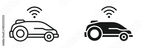 Smart lawn mower icon set in outline and silhouette style, representing autonomous mowing, smart gardening, yard maintenance, and robotic landscaping tools, vector illustration.