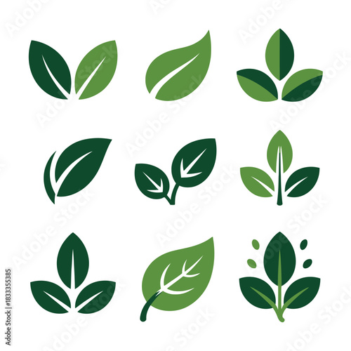 A collection of nine stylized green leaf icons representing nature and growth