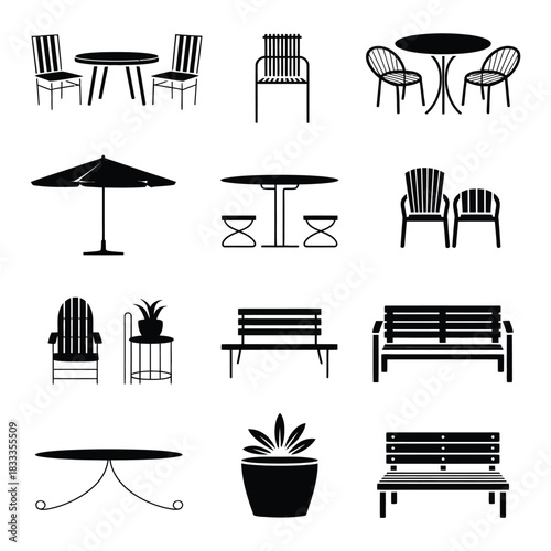 A collection of outdoor furniture silhouettes including tables, chairs, benches, and umbrellas.