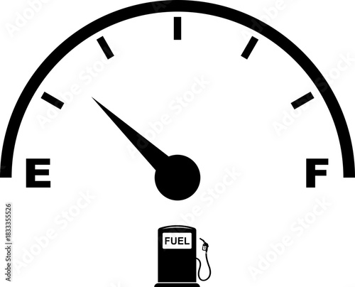 Fuel gauge meter icon with full and empty indicator sign. Car dashboard element showing petrol level. Automotive gas symbol. Vector illustration isolated on transparent background.