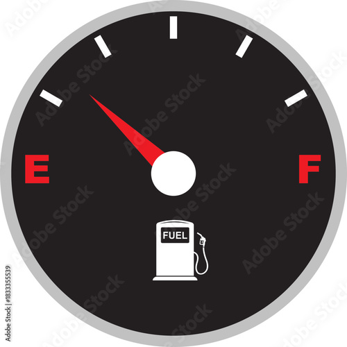 Fuel gauge meter icon with full and empty indicator sign. Car dashboard element showing petrol level. Automotive gas symbol. Vector illustration isolated on transparent background.