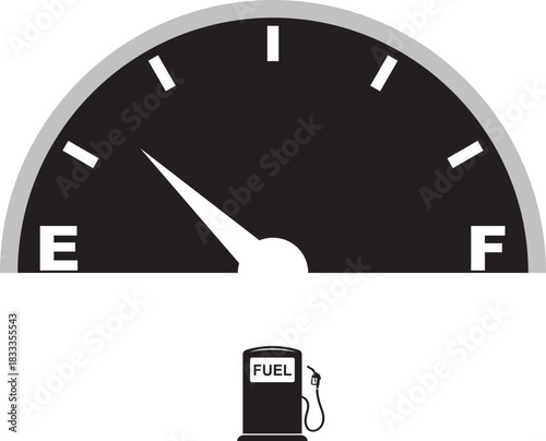 Fuel gauge meter icon with full and empty indicator sign. Car dashboard element showing petrol level. Automotive gas symbol. Vector illustration isolated on transparent background.
