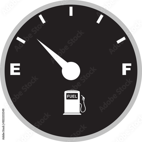 Fuel gauge meter icon with full and empty indicator sign. Car dashboard element showing petrol level. Automotive gas symbol. Vector illustration isolated on transparent background.