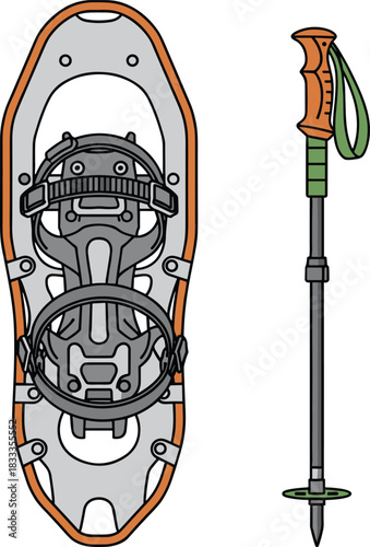Modern snowshoe and trekking pole vector illustration, winter hiking, outdoor sports, mountaineering equipment, cold weather adventure, snow walking gear, and alpine exploration.