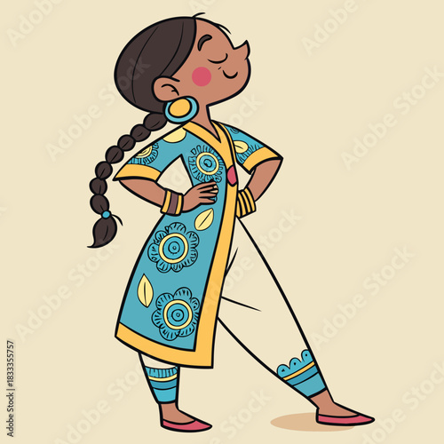 Cartoon of a confident girl with a long braid, wearing a blue‑yellow kurta, white churidar, matching jewelry, and pink shoes.