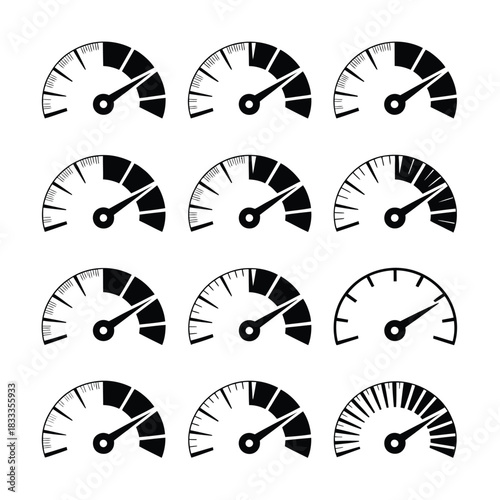 A collection of twelve different speedometers and gauges displayed in a grid.
