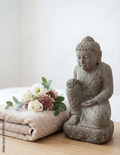 Stone sculpture with spa towel and flowers arranged on wood table  