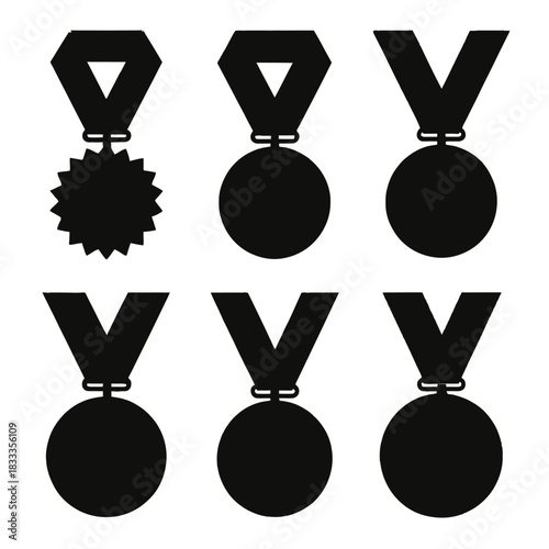 A collection of six black silhouette medal icons with ribbons are displayed against a white background.