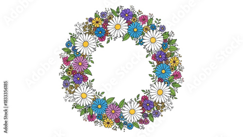 High-quality colorful black outline art of a circular wreath border made of daisies and small wildflowers, elegant botanical line design 