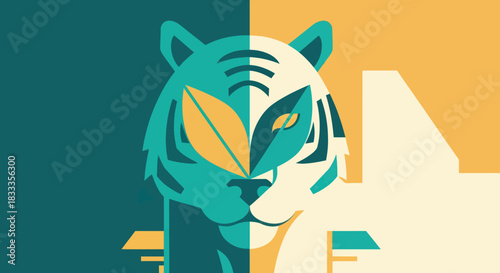 Stylized Tiger Portrait with Leaf Eyes in Contrasting Colors.