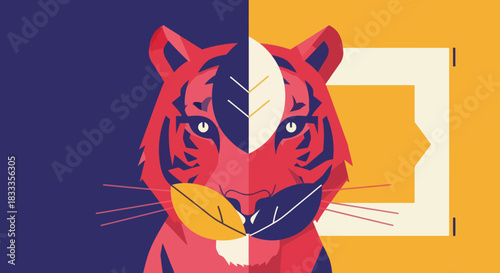 Stylized Tiger Portrait with Geometric Design and Contrasting Colors.