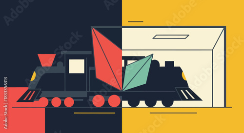 Stylized Train Illustration Divided by Color and Perspective.
