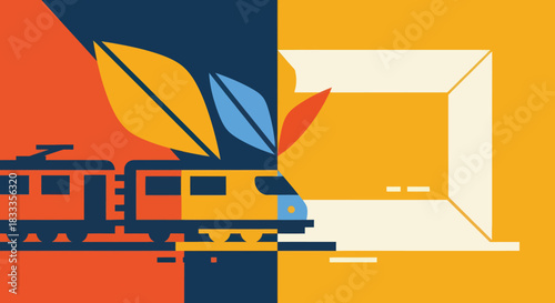Stylized Train and Laptop Illustration with Leaf Accents in Contrasting Colors.