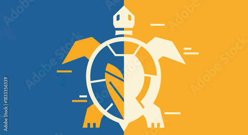 Stylized Turtle Illustration with Contrasting Colors and Geometric Design.