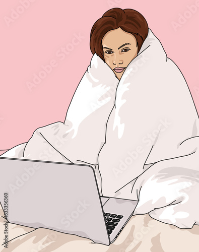 Charming Young Brunette Woman Tired Wrapped in a Cozy Duvet Sitting in Bed Using a Laptop Computer Isolated on Pink Background
