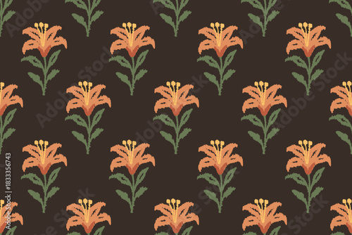 Vintage Ikat Lily Floral Seamless Pattern in warm orange.Damask Ikat floral embroidery. Retro botanical aesthetic. Perfect for fabric printing, home décor, wallpapers, gift wrap,and digital creative 