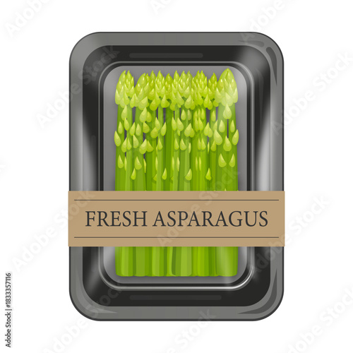 Fresh asparagus spears in plastic tray packaging