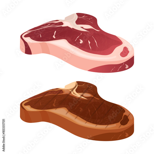 T bone steak raw and grilled meat comparing